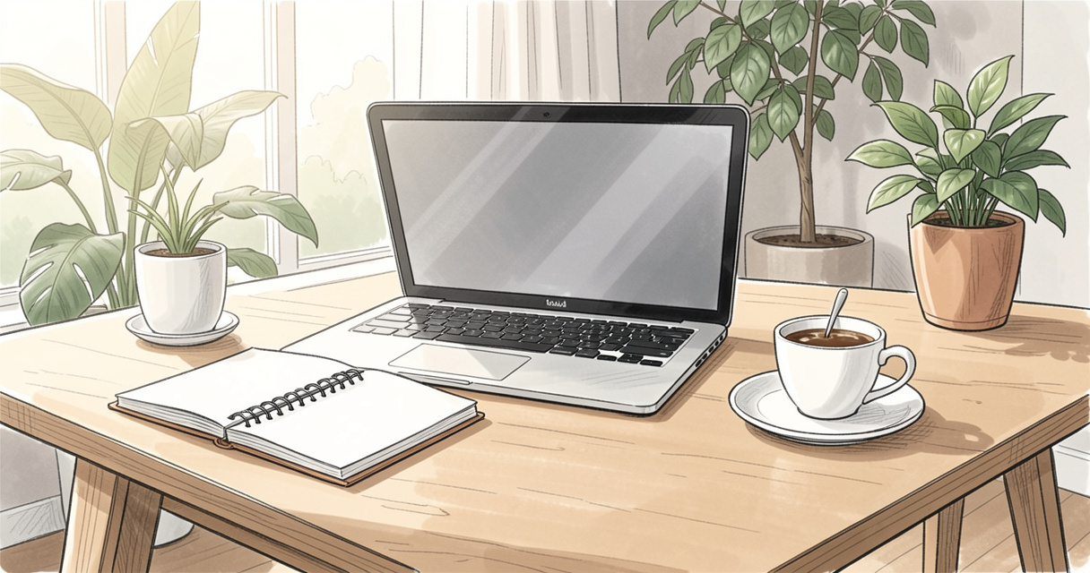 Home office desk with laptop and notebook for remote project manager jobs