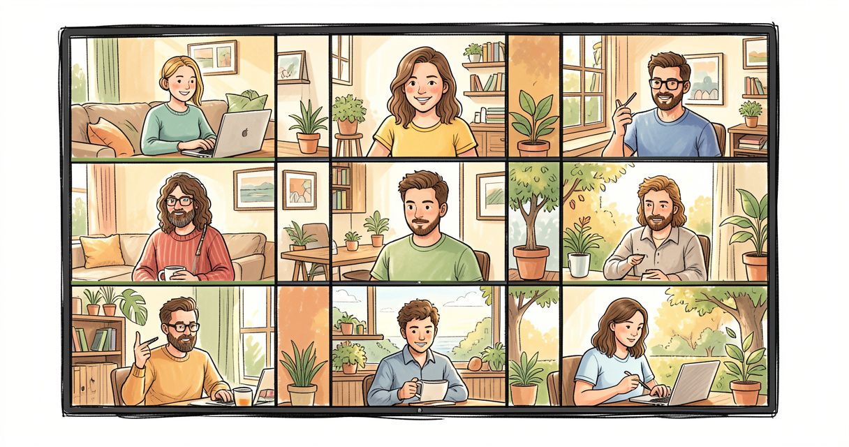 Virtual team meeting screen showing diverse remote workers collaborating