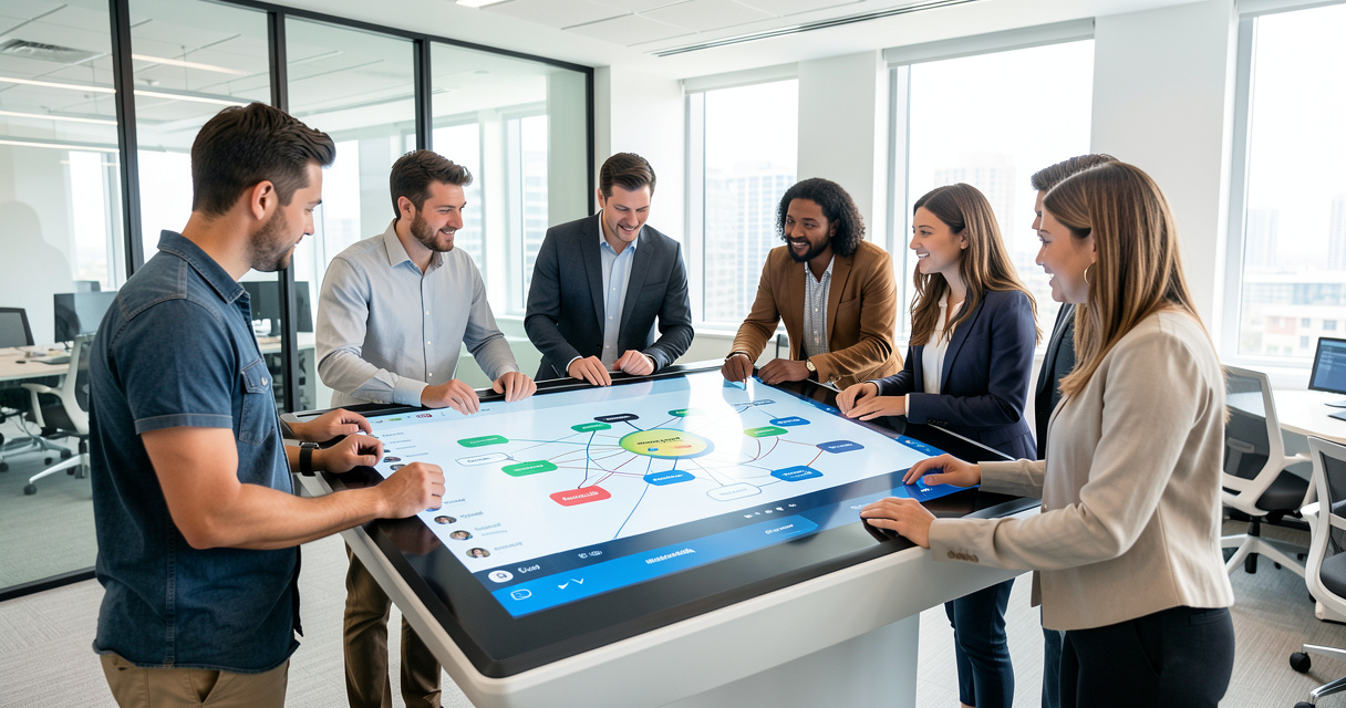 Team collaborating on knowledge management platform with AI-powered search and graphs