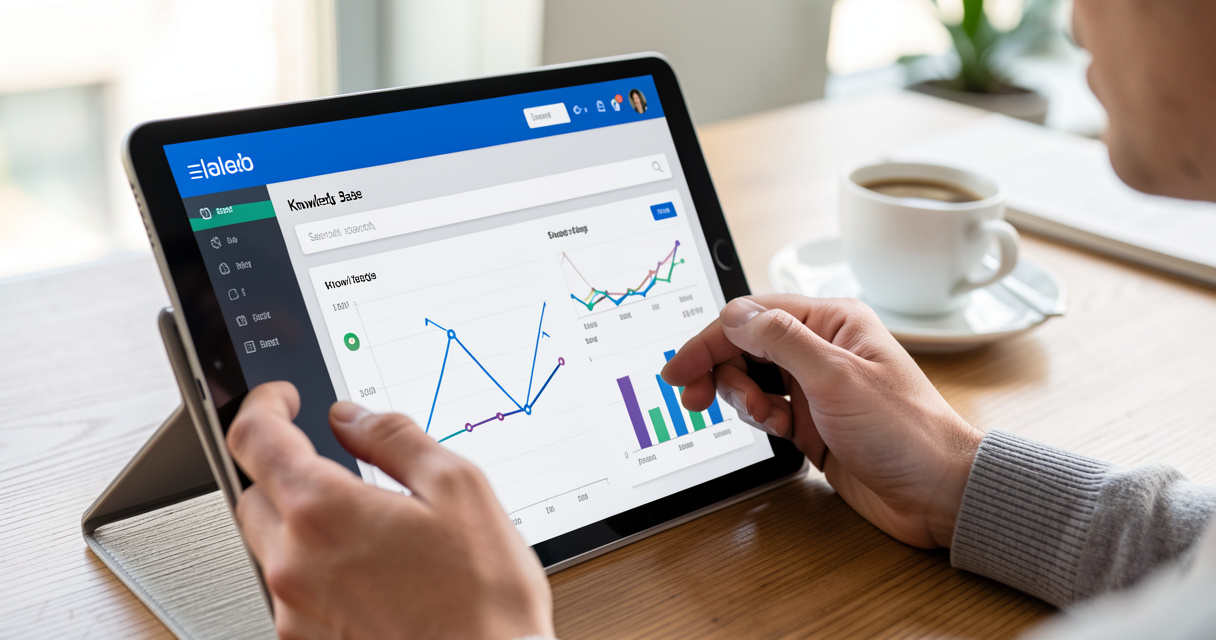 Tablet displaying knowledge management tool dashboard with analytics and search interface