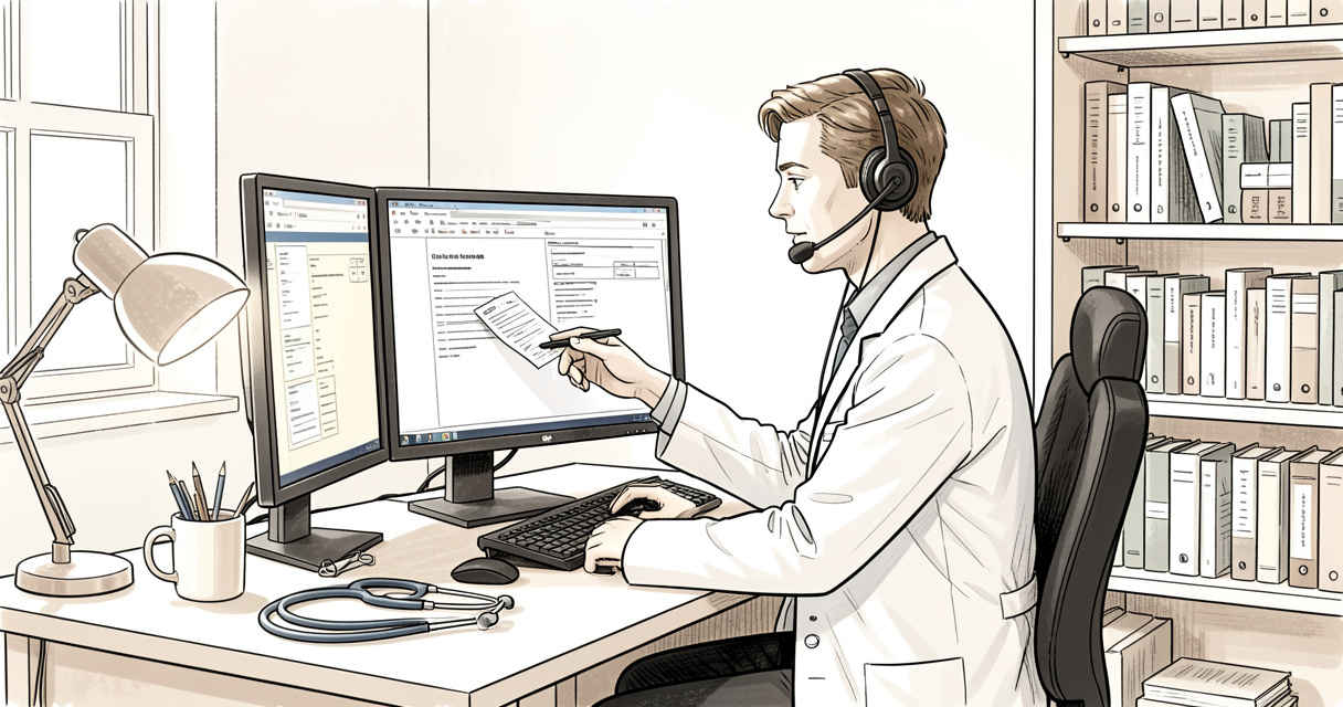 Remote pharmacist using dual monitors at home office desk with headset