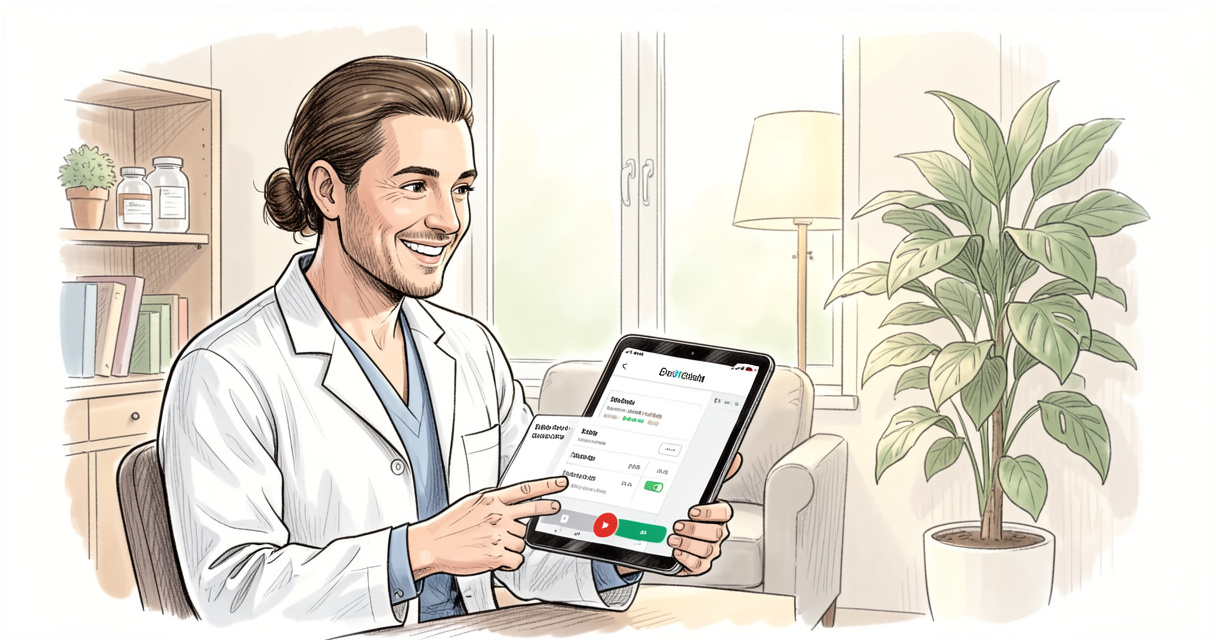 Pharmacist on a video counseling call with patient in a home workspace