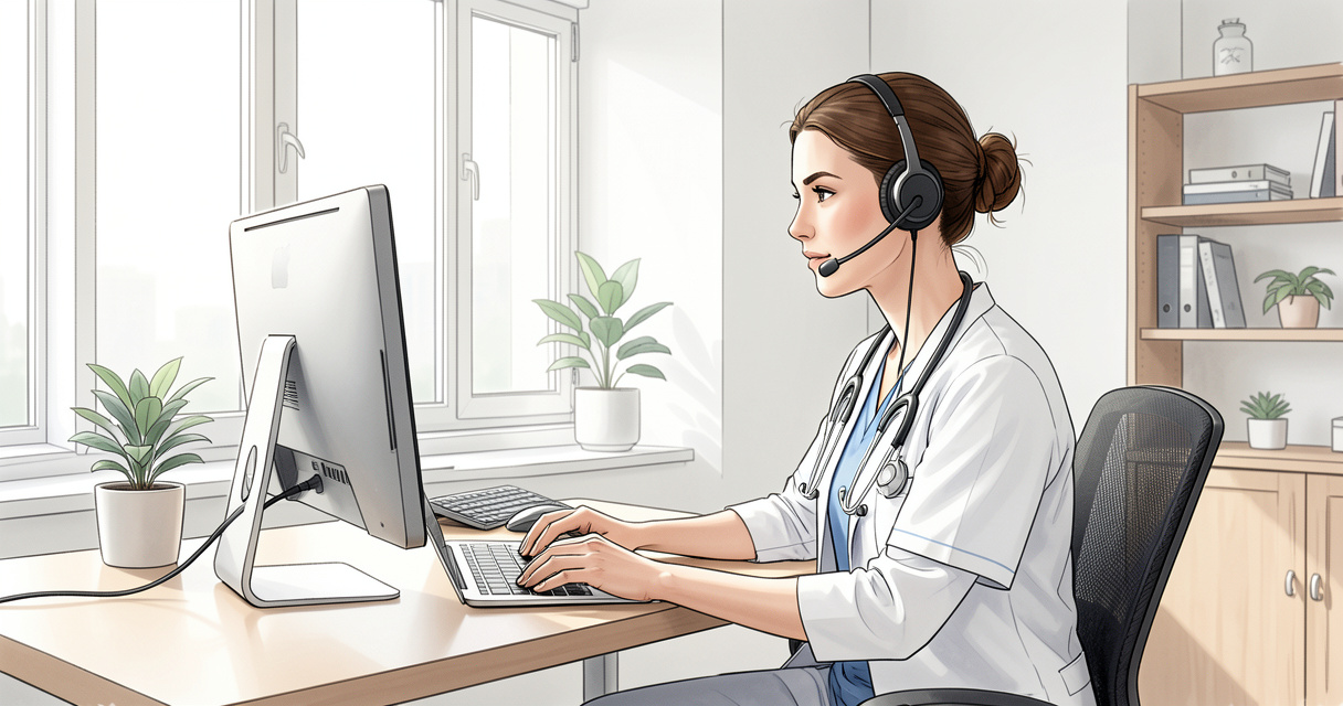 Remote medical assistant working from home office with headset and computer
