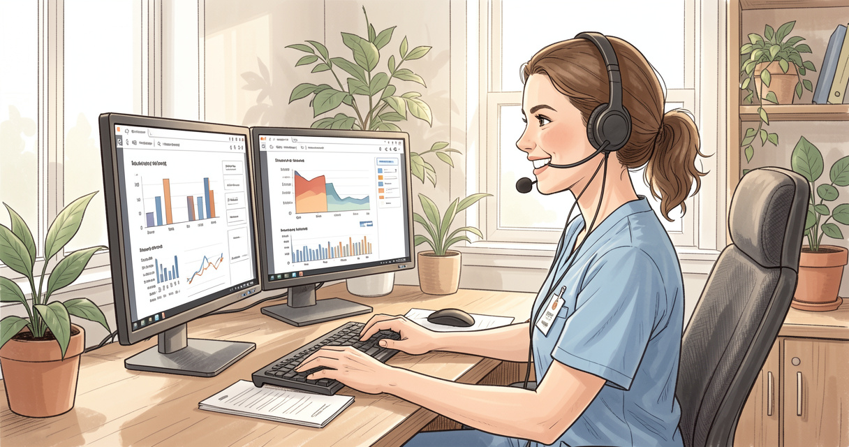 Nurse working from home on a laptop with headset in a modern home office