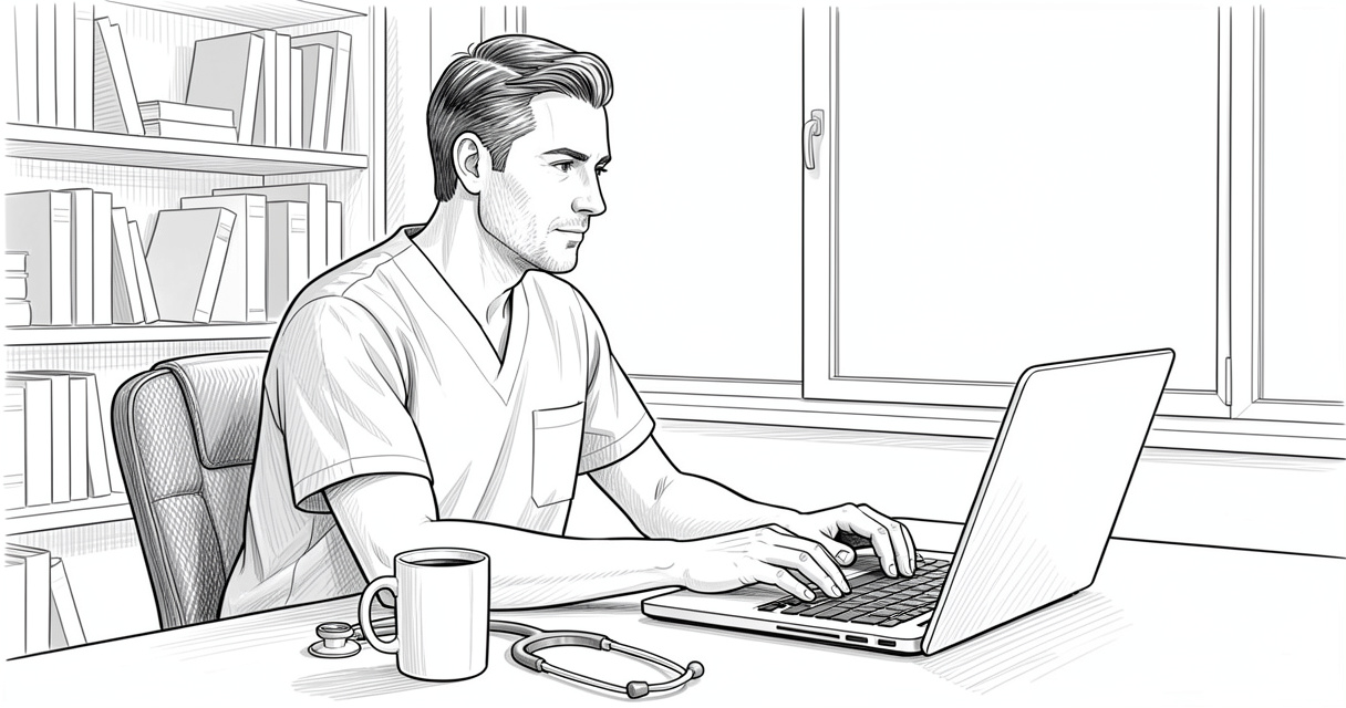 Registered nurse telecommuting with stethoscope and coffee at a desk