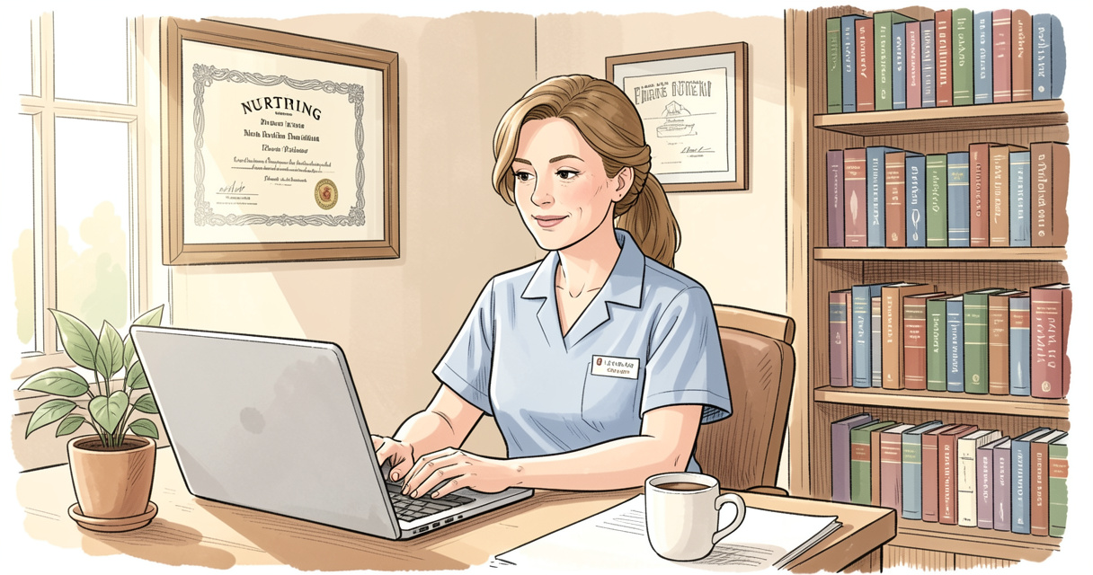 Female nurse using a laptop for remote nursing case management tasks