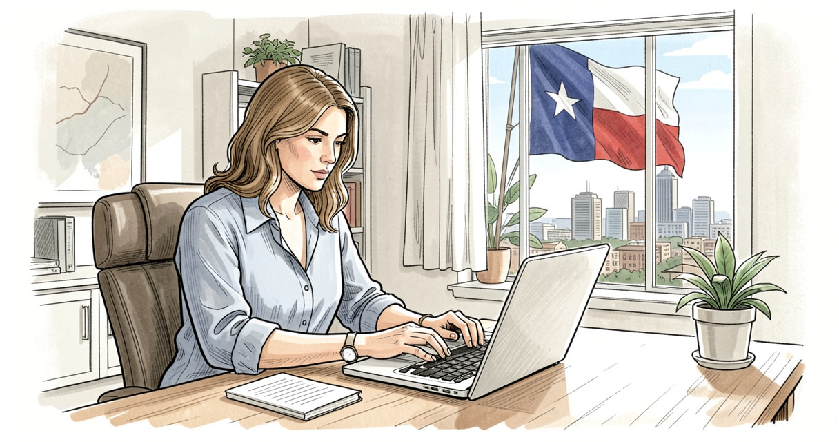 Woman working remotely from home office in Austin Texas with city skyline