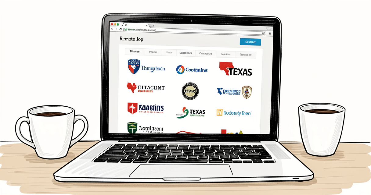 Laptop screen showing remote job listings with Texas company logos for work from home