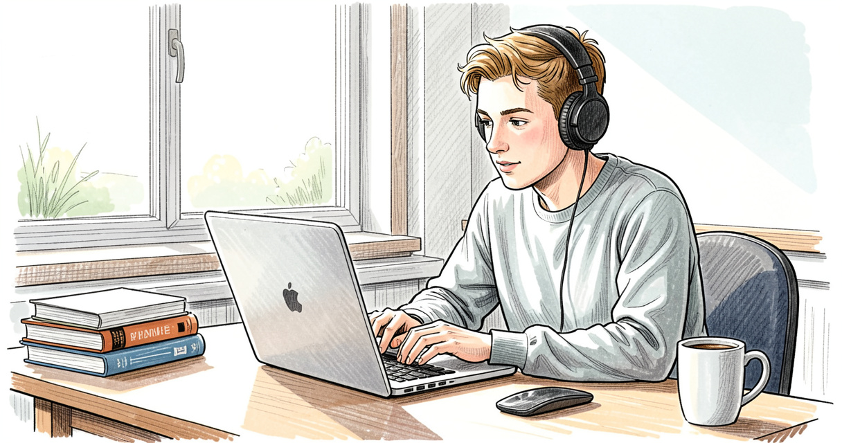 College student working remotely at home with laptop and headphones