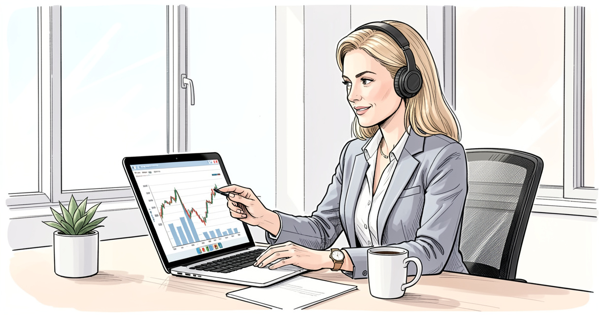 Woman in quiet home office analyzing remote finance job listings on laptop with financial charts visible