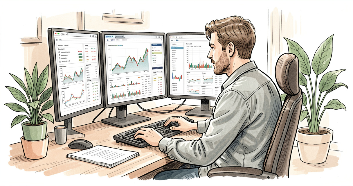 Man in casual wear managing remote finance data on dual monitors with spreadsheet and graphs displayed