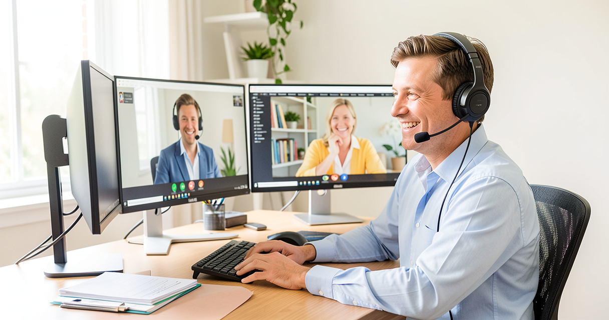 Remote recruiter working from home with dual monitors and headset