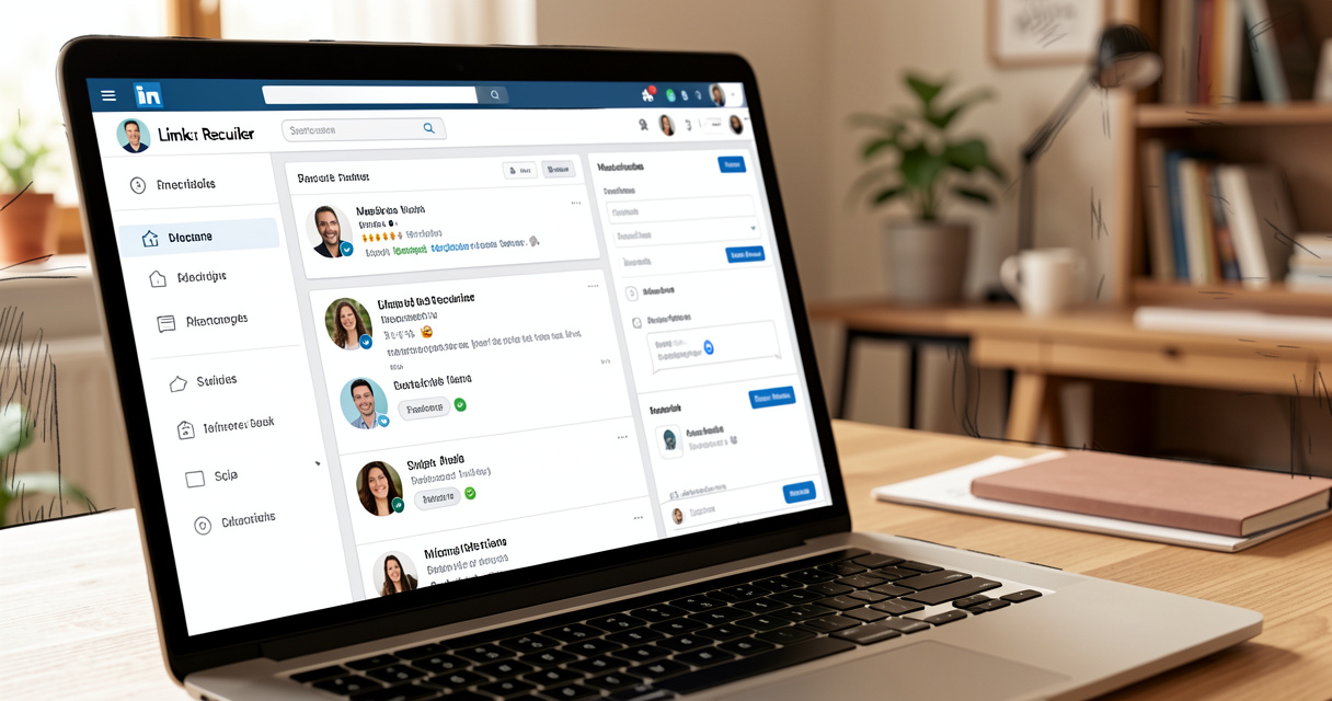 LinkedIn Recruiter dashboard showing candidate profiles on a laptop in a home office