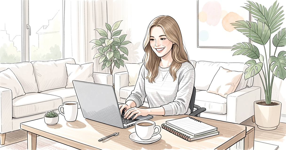 woman working from home on remote tech job applications laptop coffee notebook