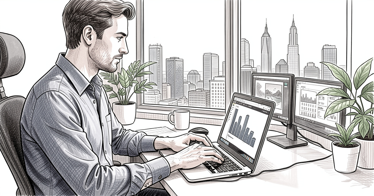 man typing on laptop in home office with city view remote tech career