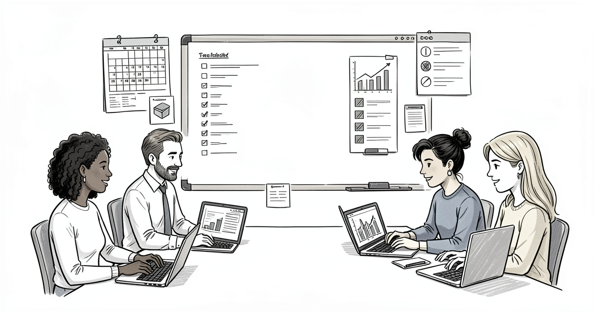 Remote team collaborating with productivity software tools on multiple devices