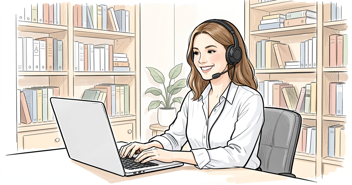 Online instructor smiling while working from home with laptop and headset in a home office