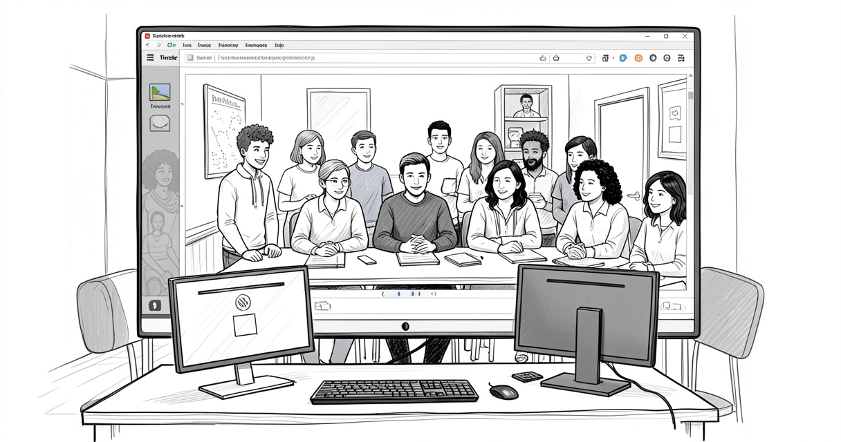Virtual classroom with students and teacher on screen in a modern home office setup