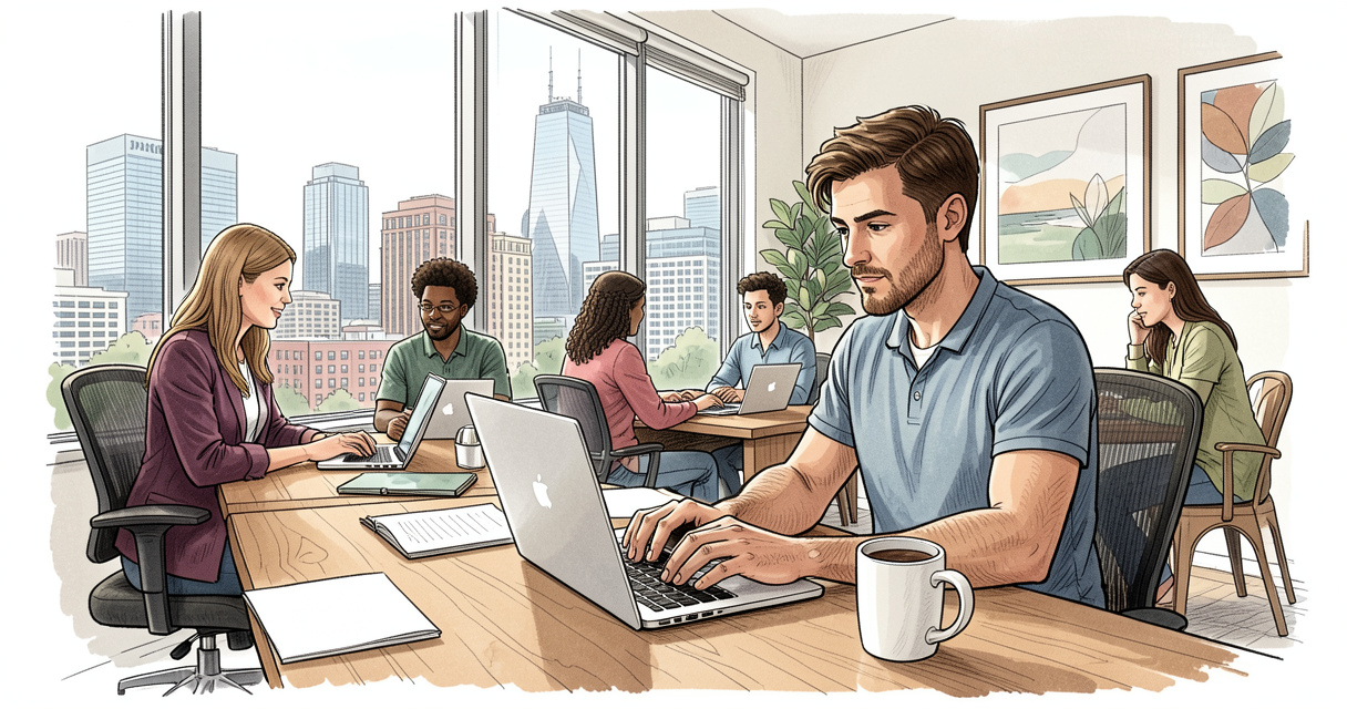 Remote worker in Dallas home office with skyline background, laptop and coffee