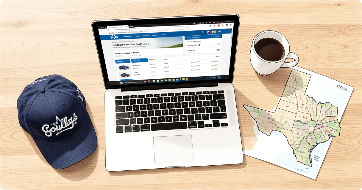 Dallas remote job search setup with laptop on desk and Texas map