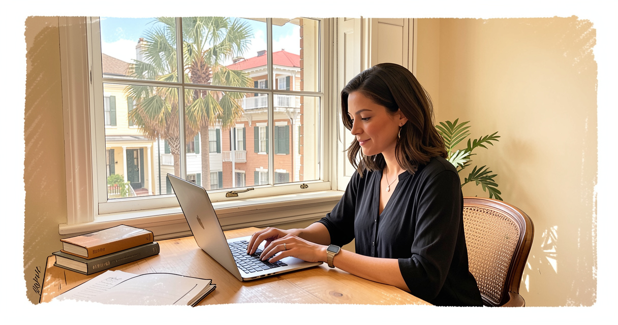 Woman working remotely from a home office with a view of Charleston SC