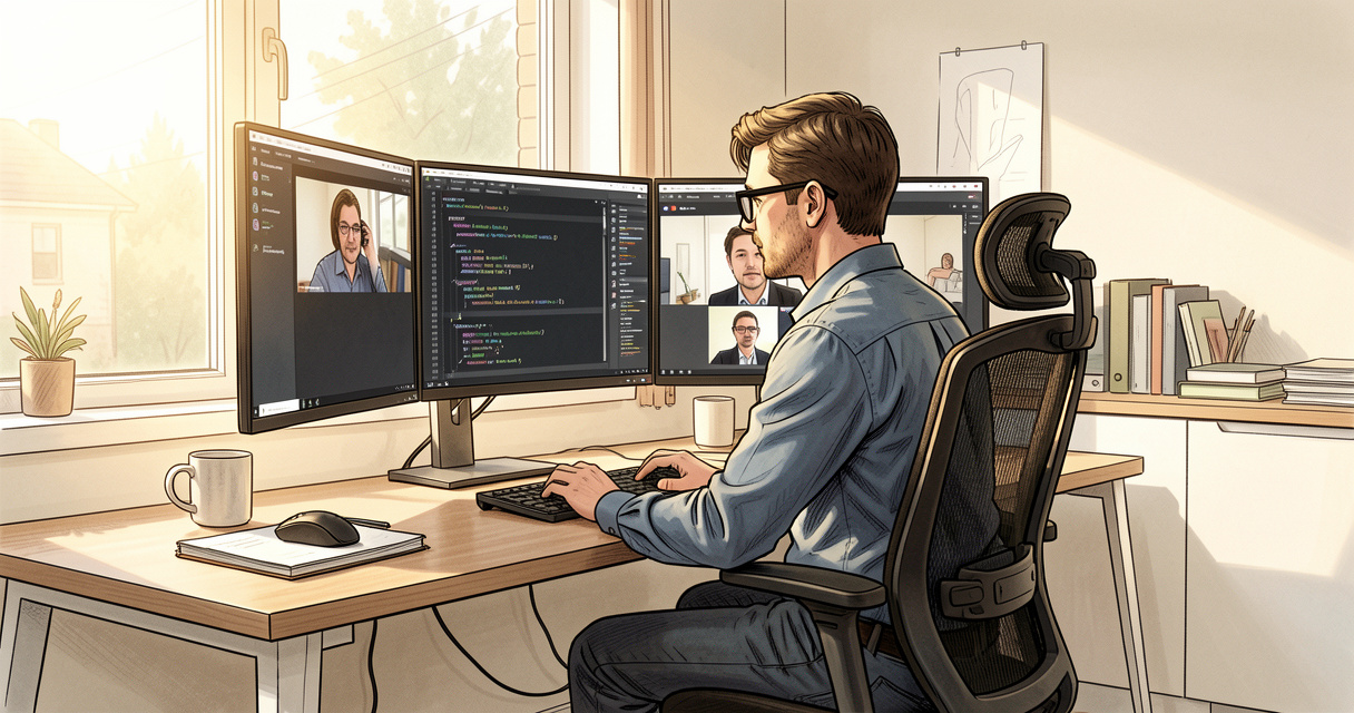 Remote engineering job home office setup with dual monitors and natural light
