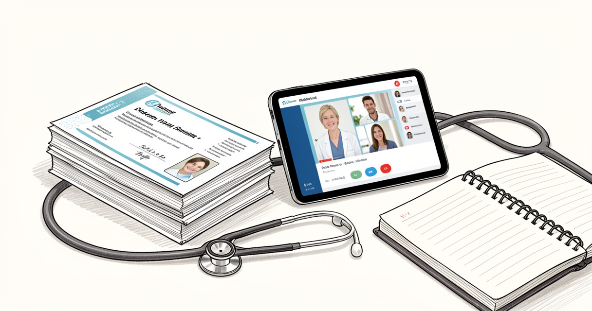 Telehealth consultation setup with credentials for work at home nursing career