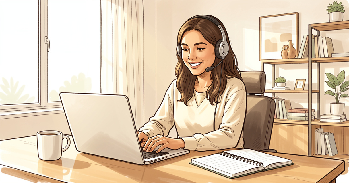 Hispanic woman working remotely from home office with laptop and headset in a cozy space