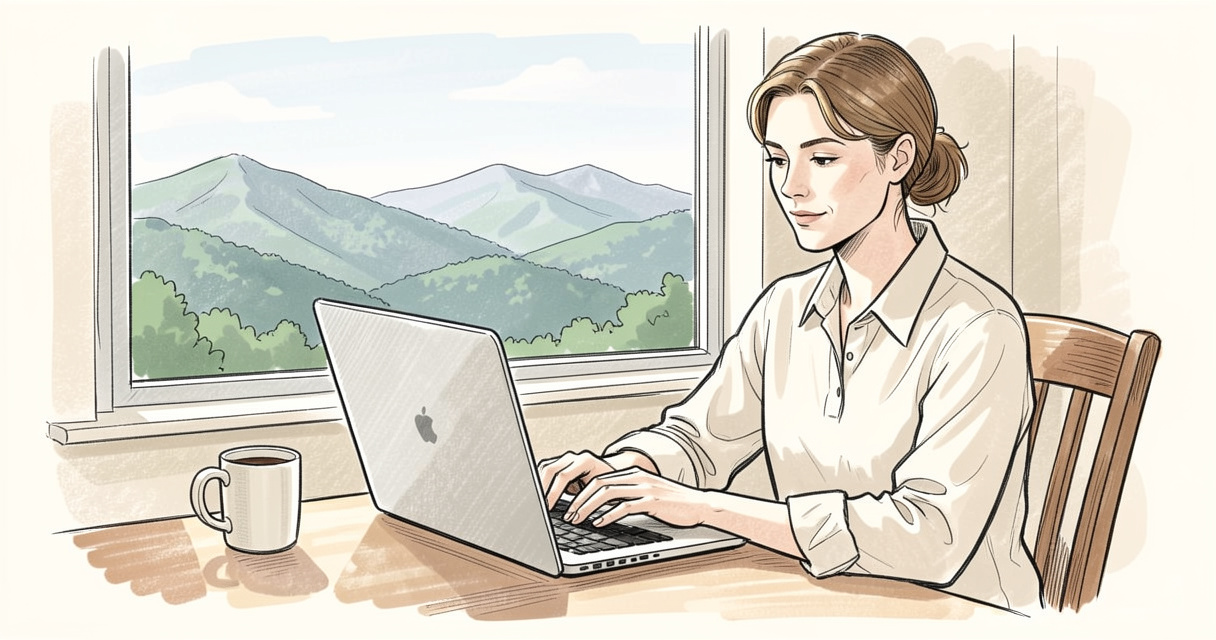 person working remotely from home office with North Carolina mountain view