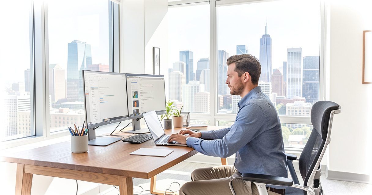 person working remotely from home office in Atlanta with city skyline view