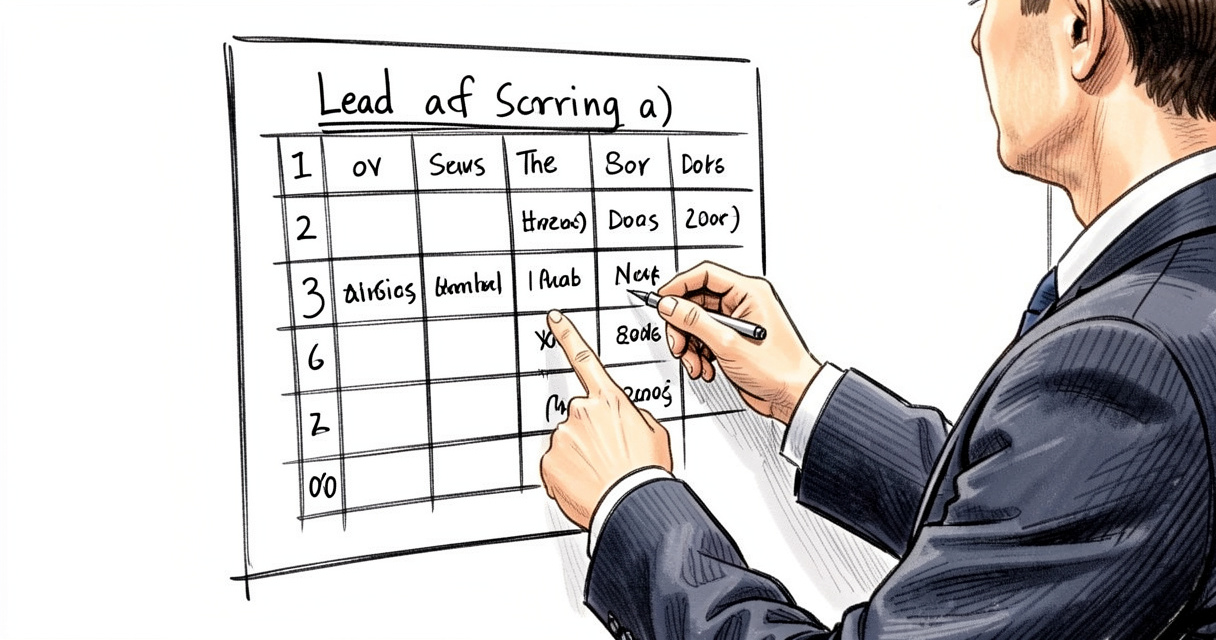 Hand pointing at lead scoring matrix with firmographic and behavioral criteria