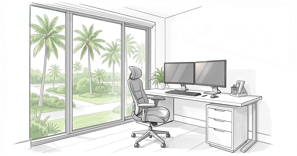 Modern home office setup for remote jobs Orlando with palm tree view and dual monitors