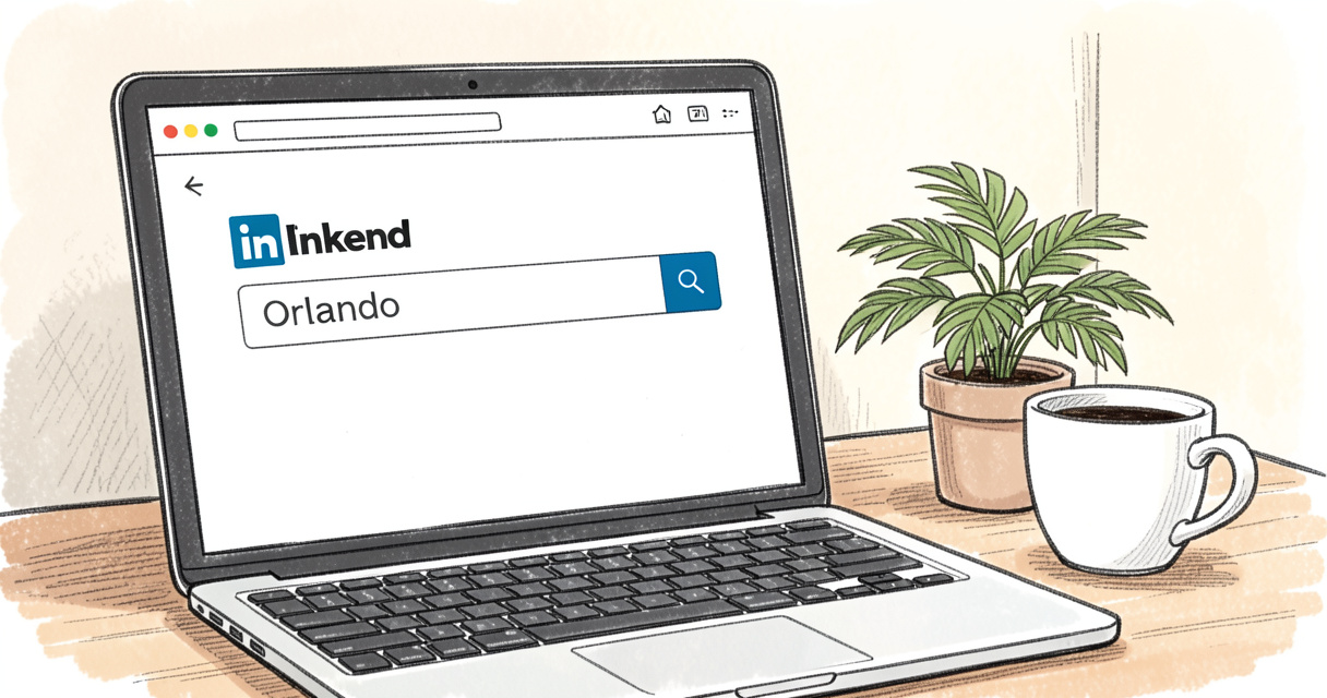 Laptop with remote job search for Orlando on LinkedIn on desk with coffee and plant