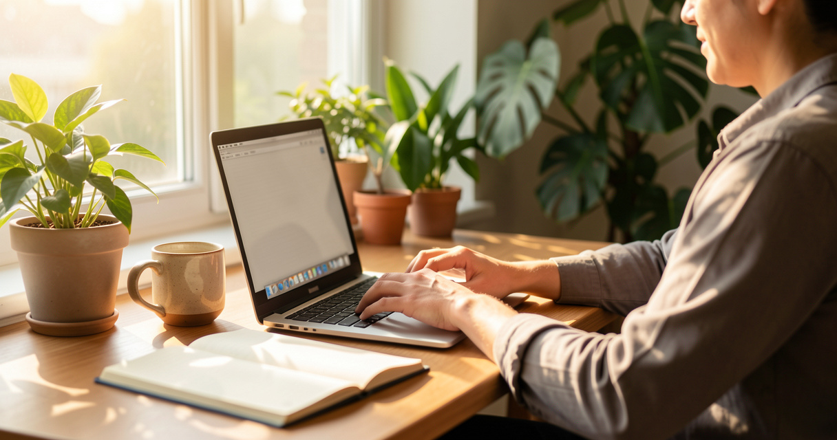 Person working on remote side hustles from a home office with laptop and coffee