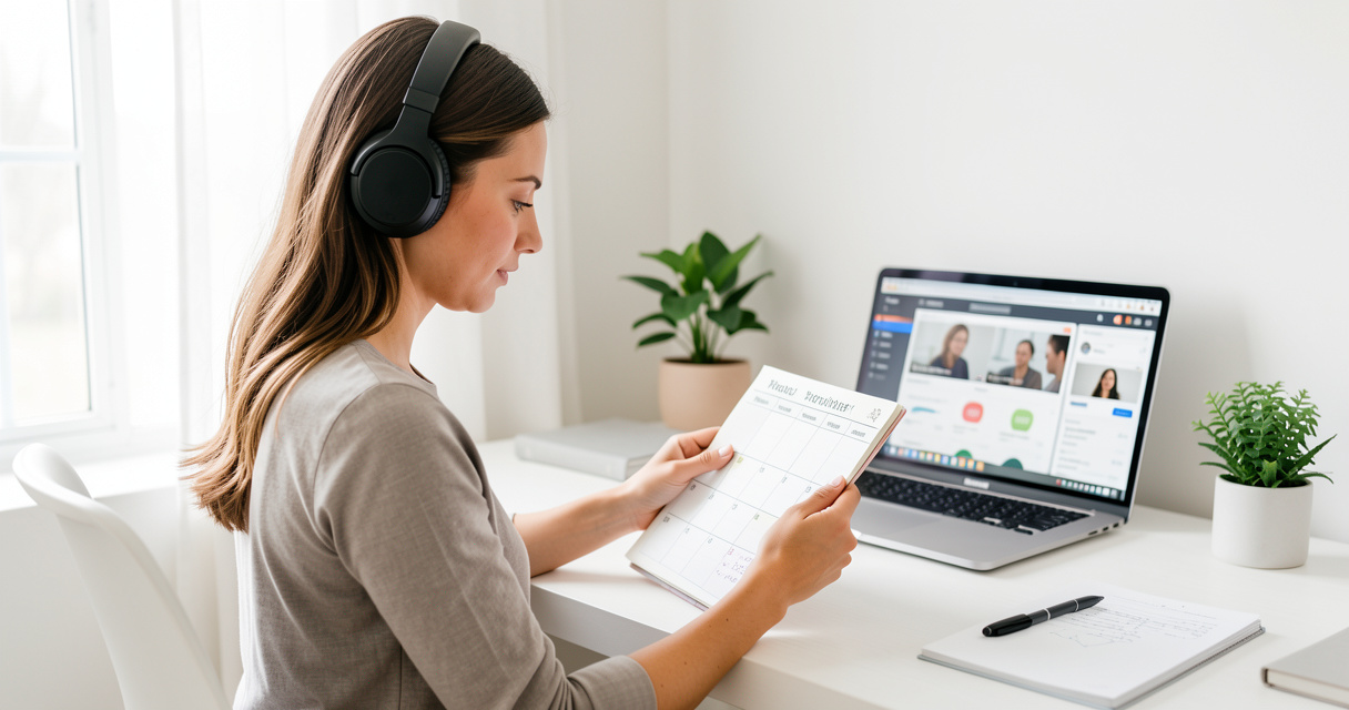 Woman planning remote side hustle income ideas on her laptop at a cozy home desk
