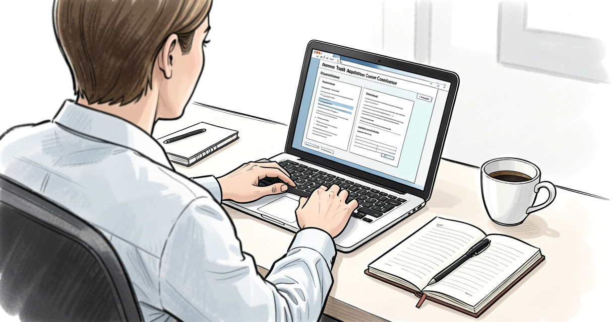 Remote talent acquisition coordinator reviewing resumes on a laptop
