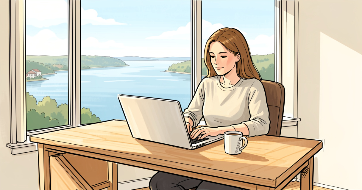 Remote jobs in Michigan: woman at laptop in sunny home office by a lake