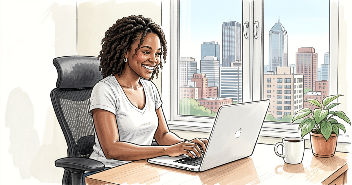 Woman working from home in Atlanta with city skyline view and laptop