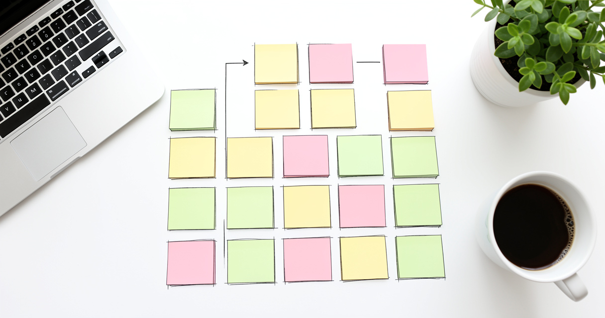 Content strategy services planning with sticky notes and workflow grid on desk