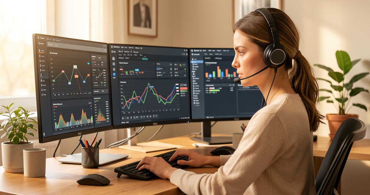 Woman in home office searching for AT&T remote jobs with headset