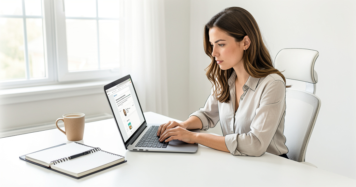 Searching for remote coding opportunities on laptop at a clean white desk