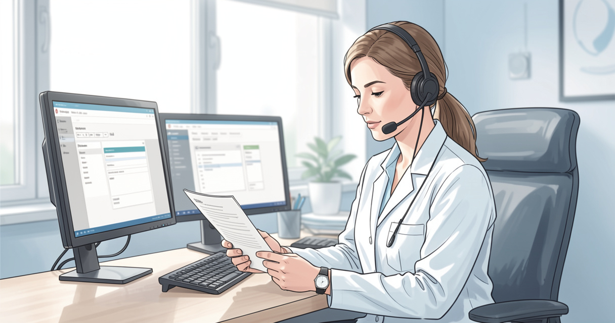 Intake coordinator with headset reviewing patient intake forms at desk