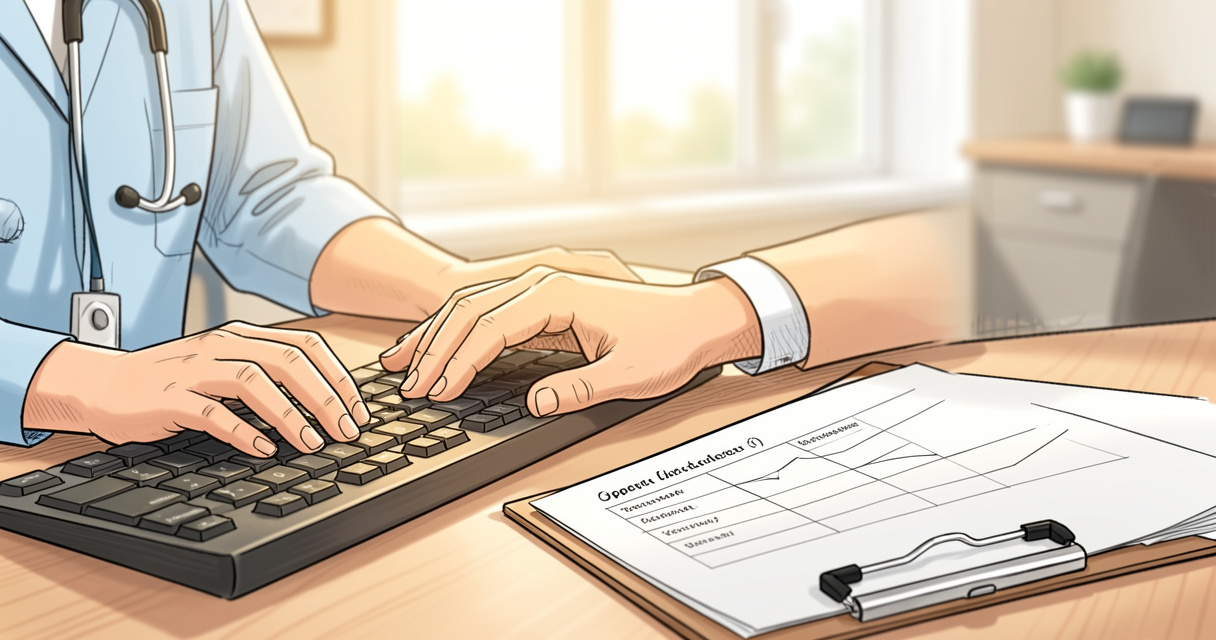 Intake coordinator typing notes beside a printed appointment schedule