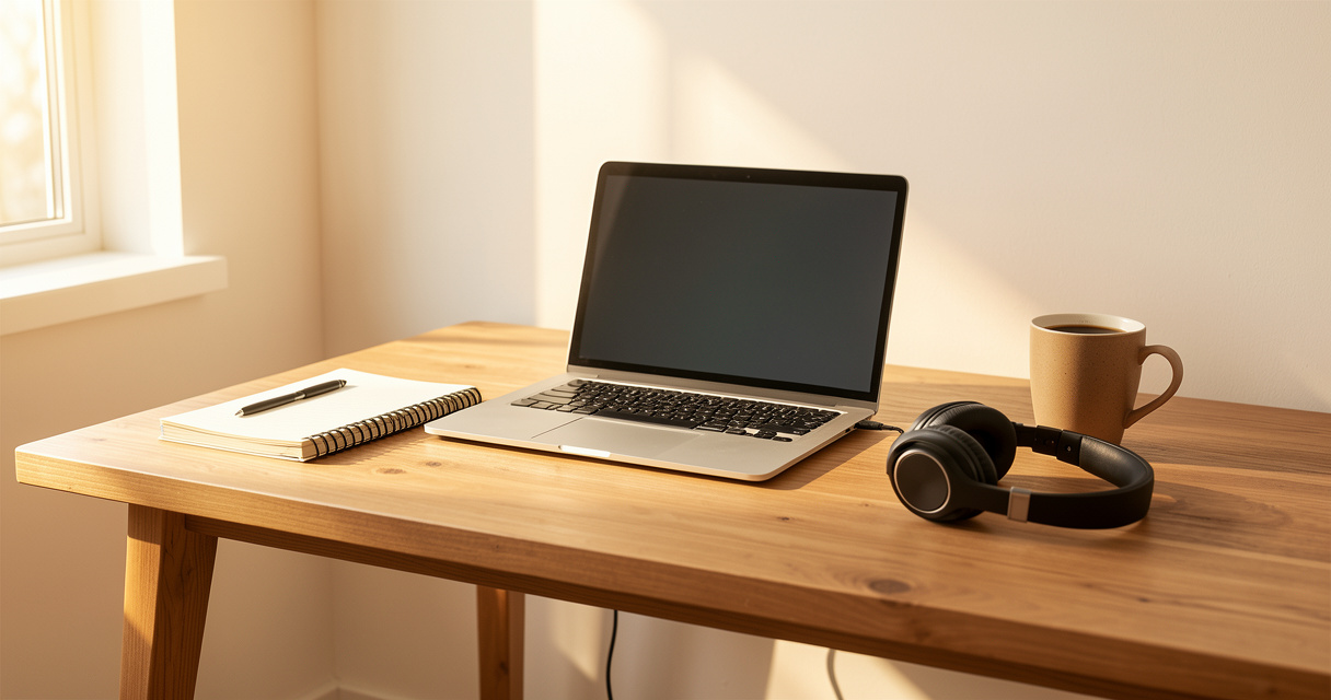 Work from home service coordinator desk setup with headset and laptop