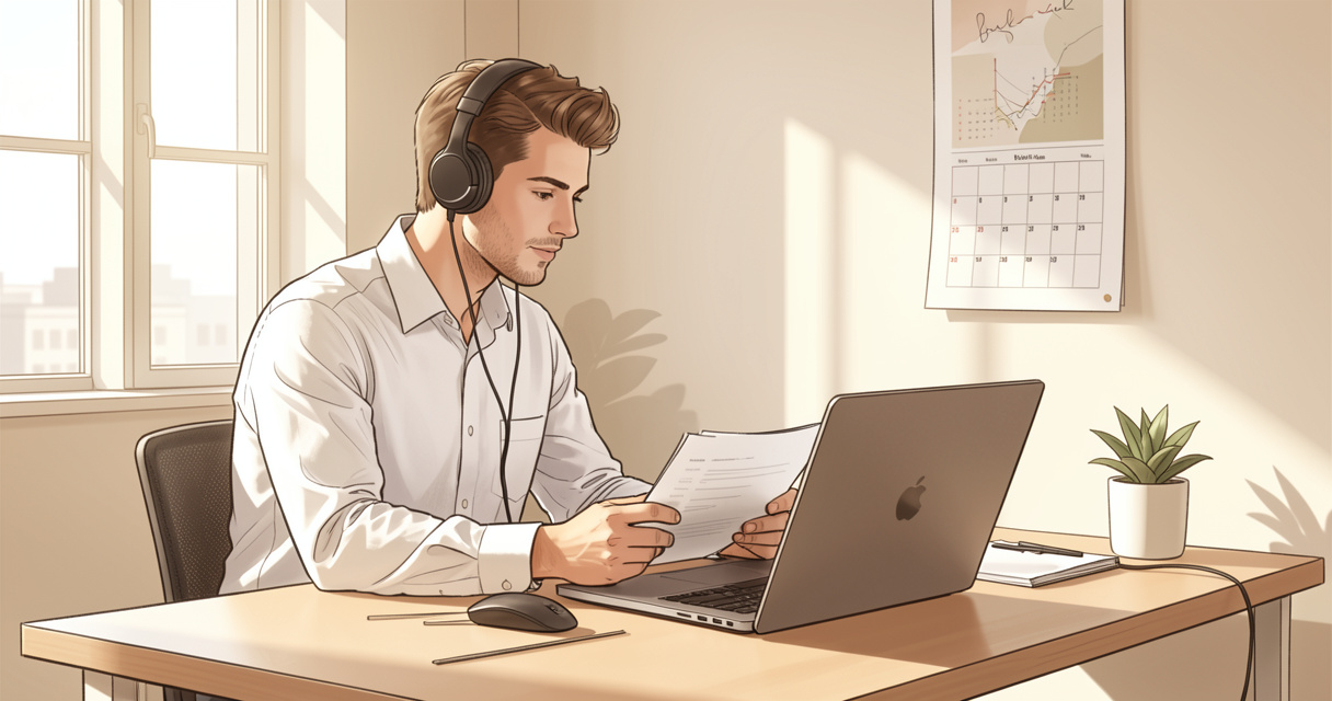 Work from home personal assistant reviewing schedules and documents at his desk