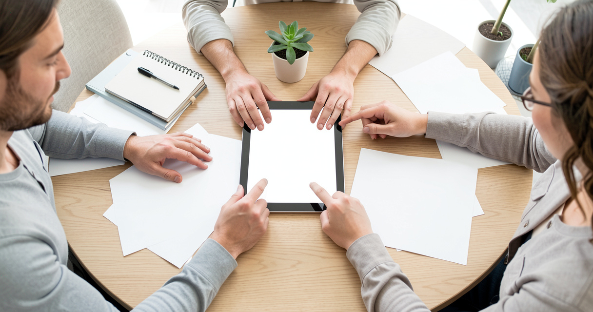 Team reviewing business apps on a tablet in a bright modern office