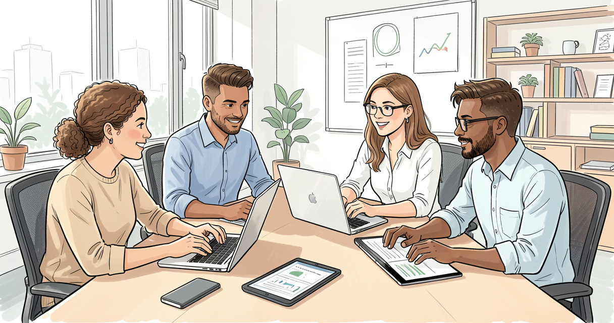 Team using small business software solutions in a modern office